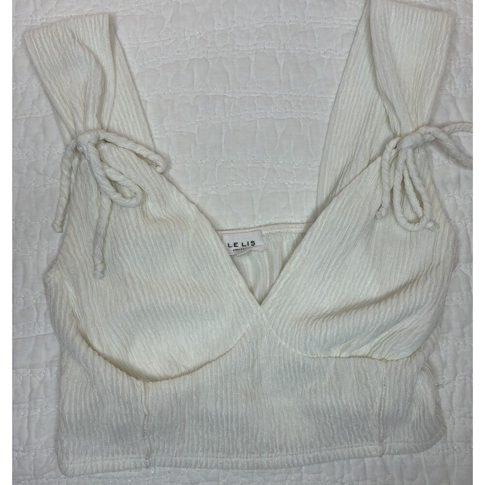 Ivory Ribbed Crop Top Sz Medium Tie Straps Elastic Soft Gauzy Coquette festival